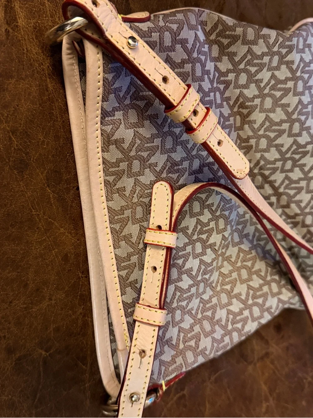 DKNY Signature Monogram Canvas Flat Crossbody Bag - Tan & Brown